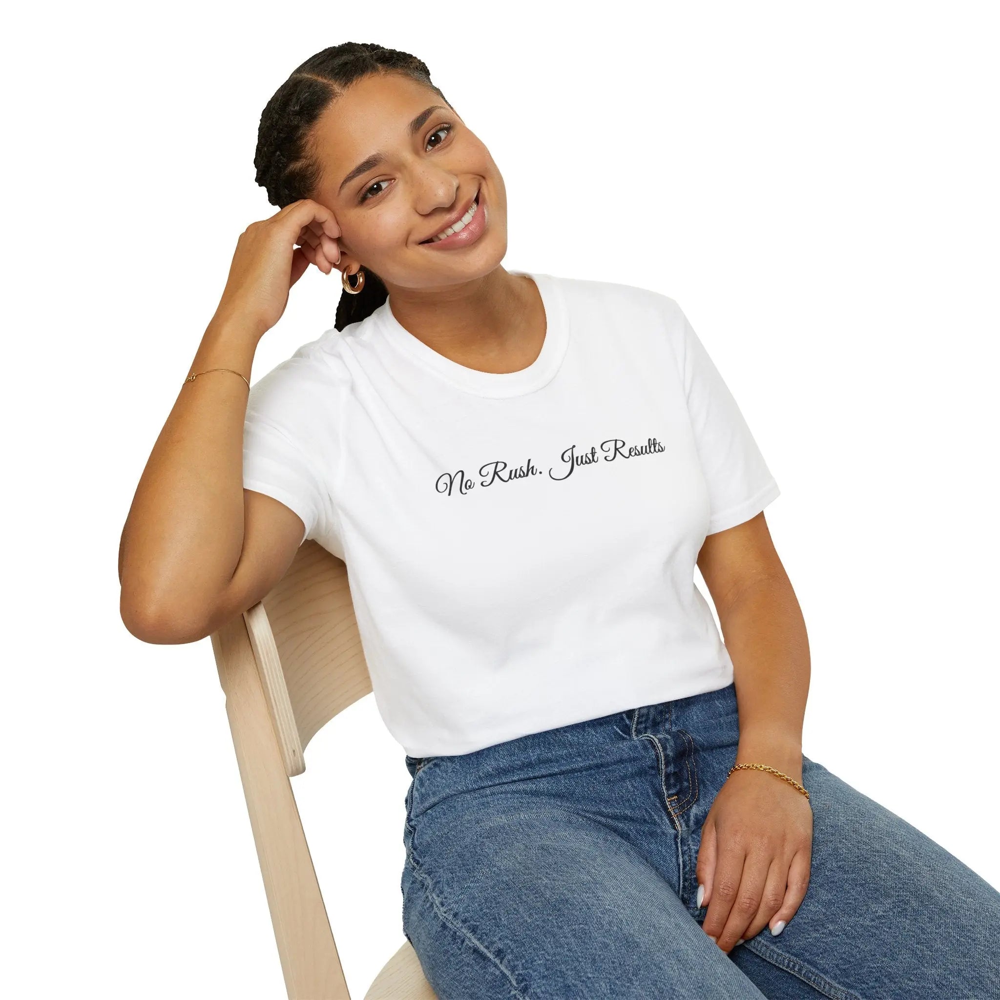 T-Shirt — "No Rush Just Results" Minimal Script Tee Printify