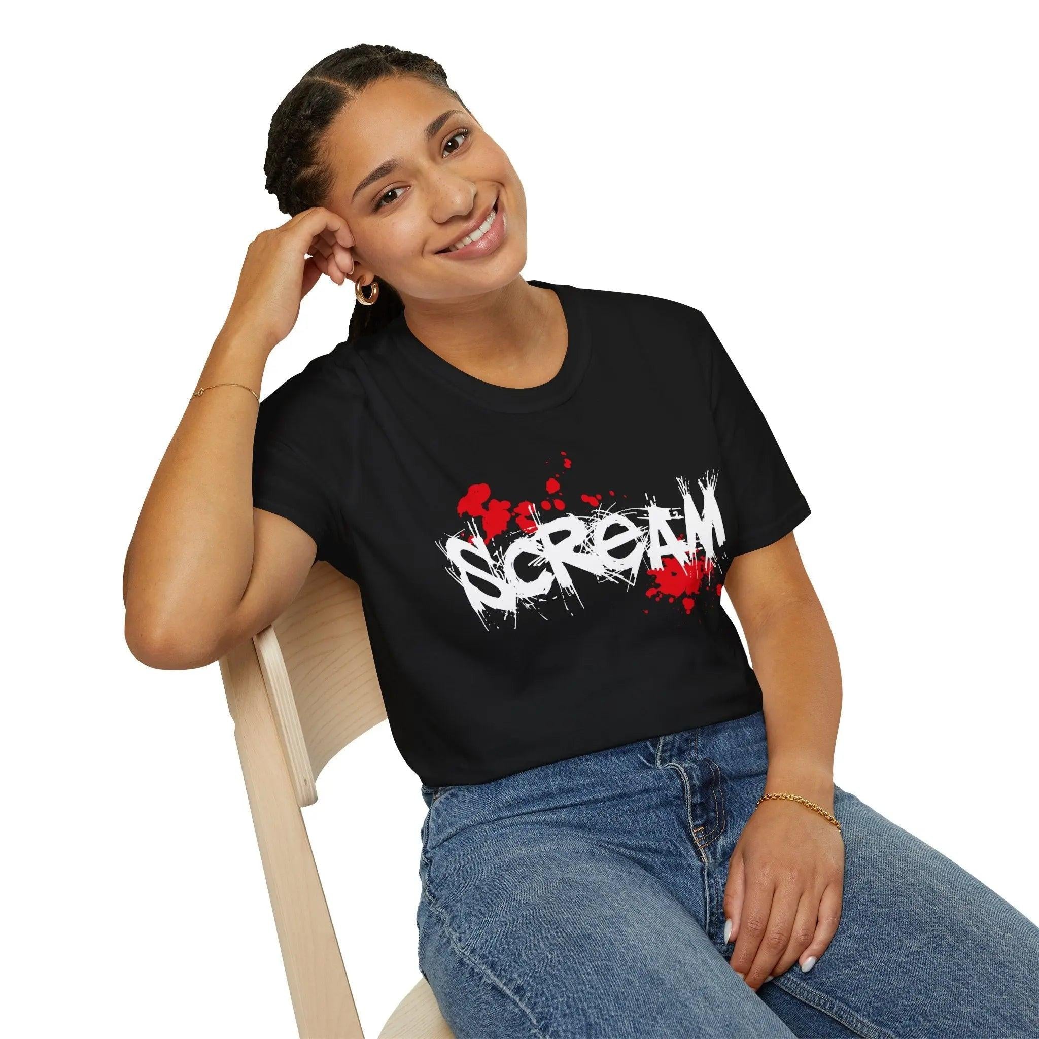 Scream Horror Graphic T-Shirt — Blood Splatter Scary Halloween Tee Printify