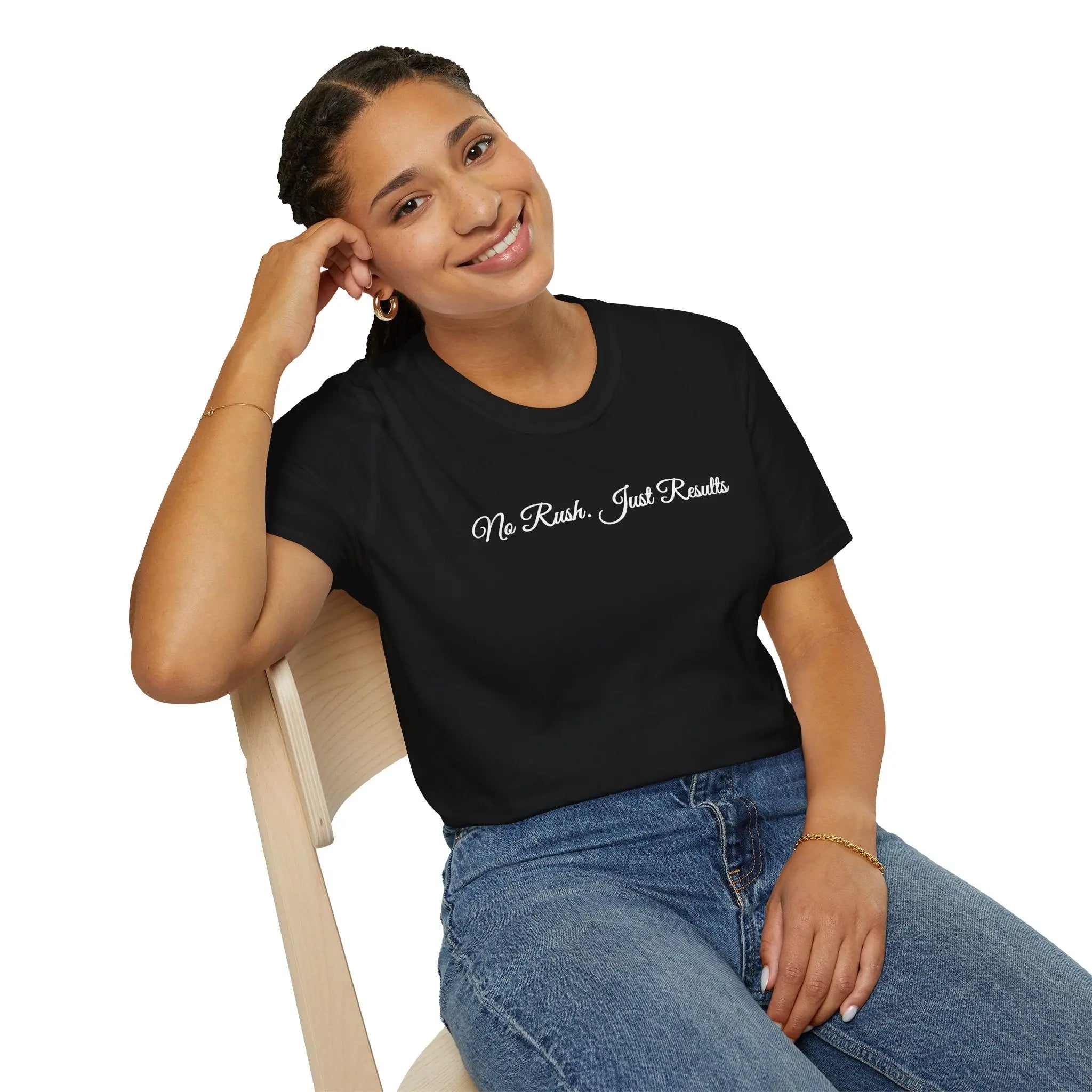 T-Shirt — "No Rush Just Results" Minimal Script Tee Printify