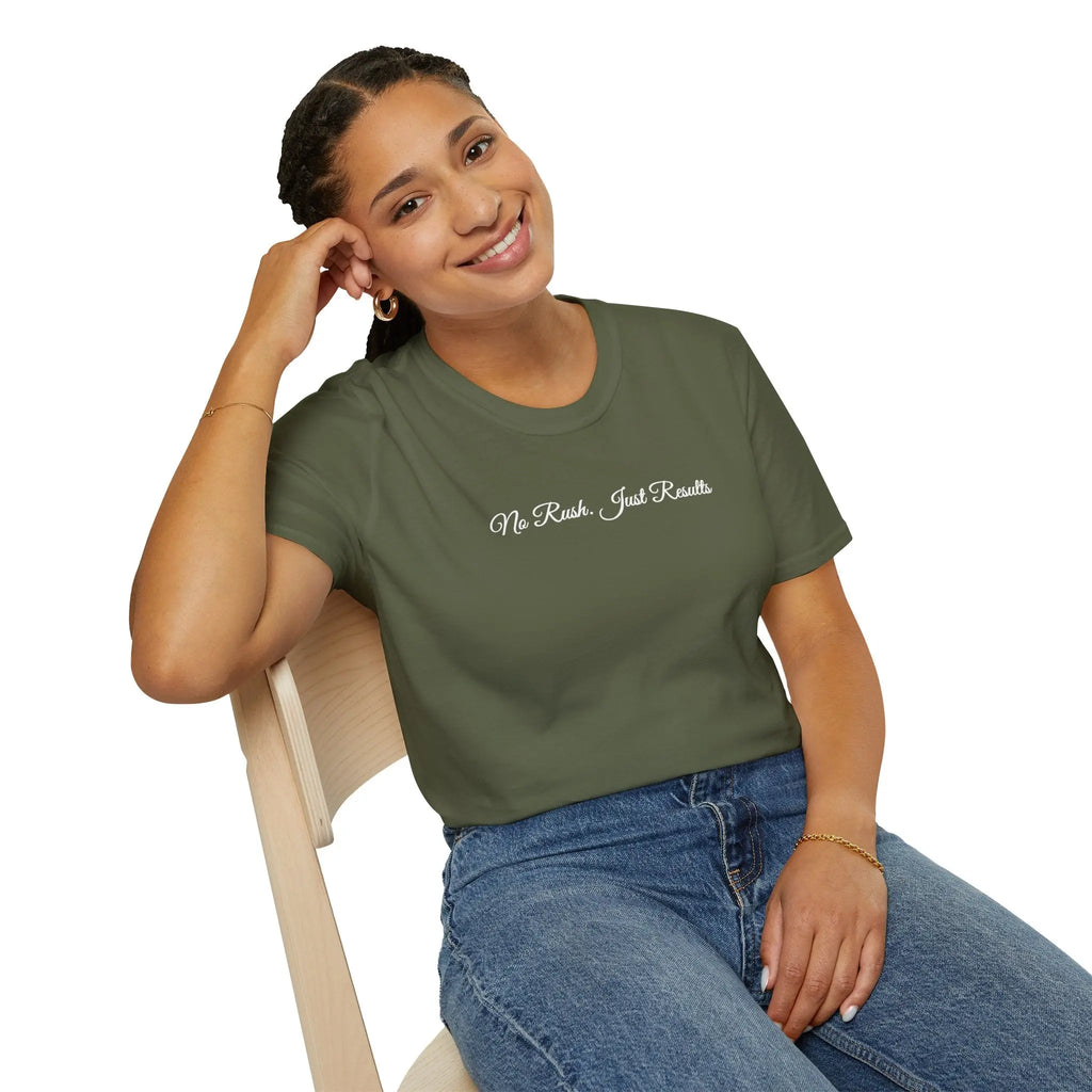 T-Shirt — "No Rush Just Results" Minimal Script Tee Printify