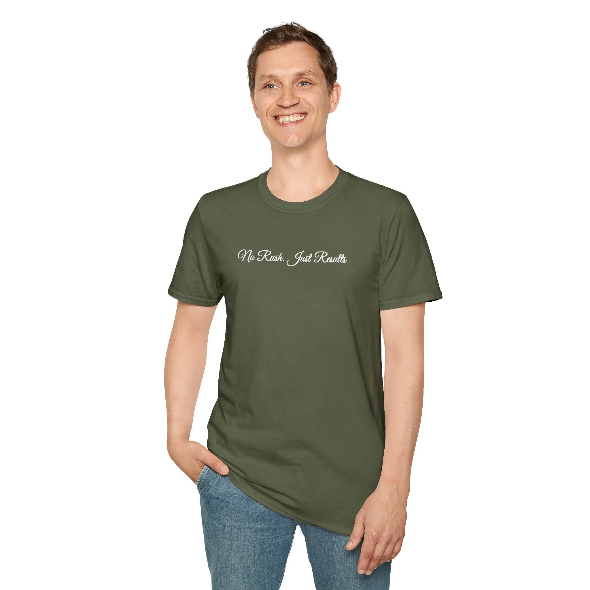 T-Shirt — "No Rush Just Results" Minimal Script Tee Printify