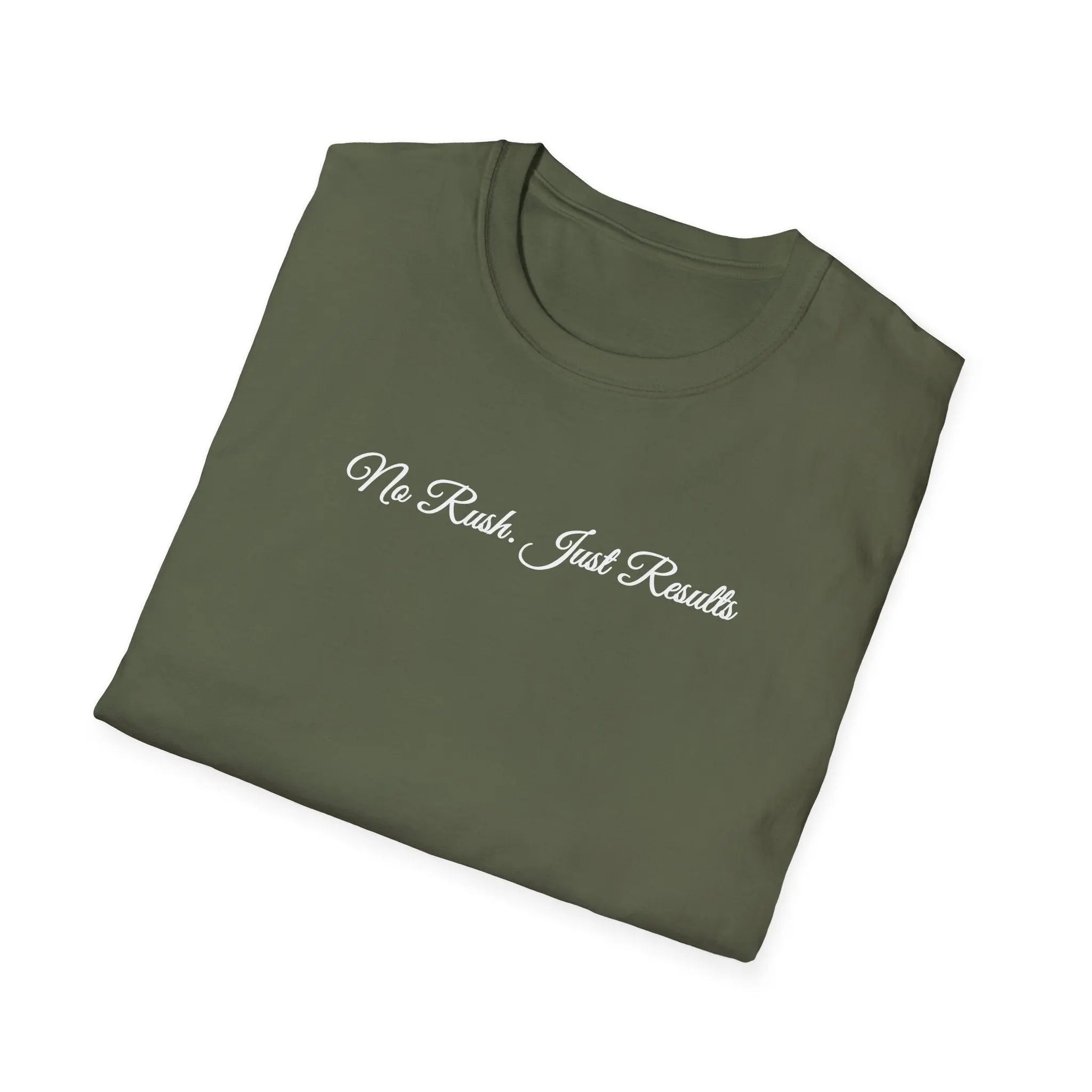T-Shirt — "No Rush Just Results" Minimal Script Tee Printify