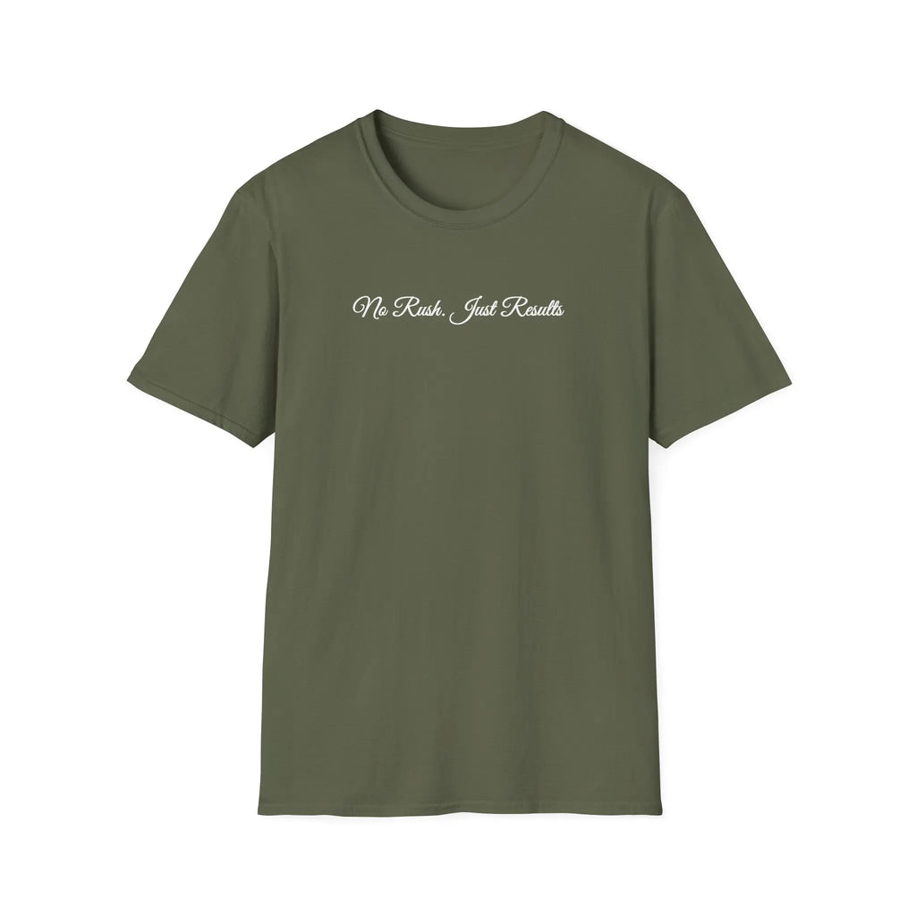 T-Shirt — "No Rush Just Results" Minimal Script Tee Printify
